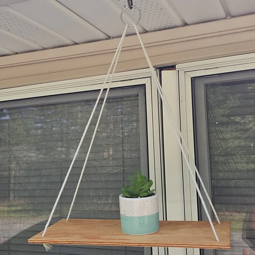 Hanging Wooden Shelf with Ceramic Planter